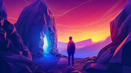 Naklejka premium Traveler looking at neon light glowing through cracked cliff wall, Game background, Illustration