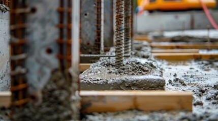 Close-up of reinforced concrete pillars being poured at a construction site, showcasing civil engineering techniques