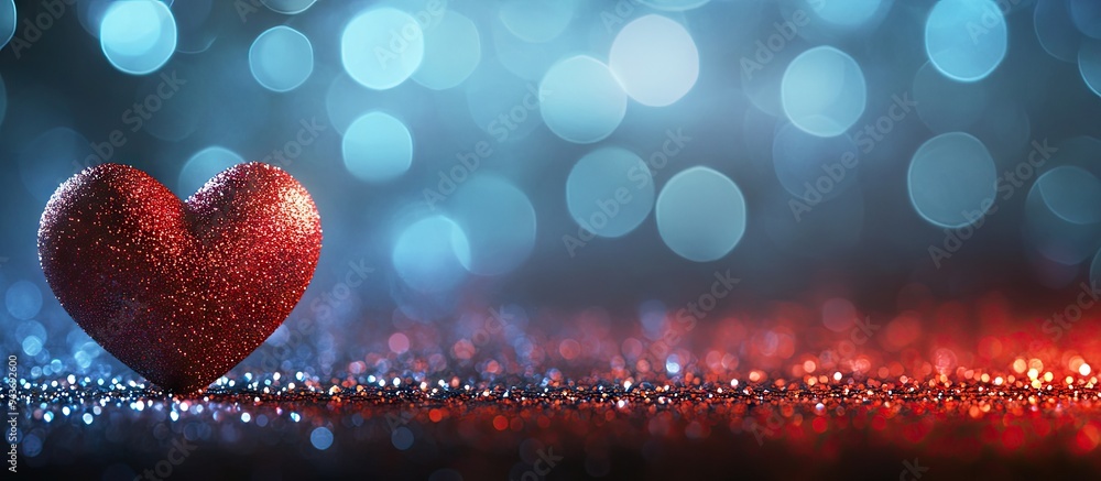 Aufkleber Red heart on a stunning blue background Glittering bokeh Template for a classic greeting card Empty space for a message Shallow depth of field. with copy space image. Place for adding text or design