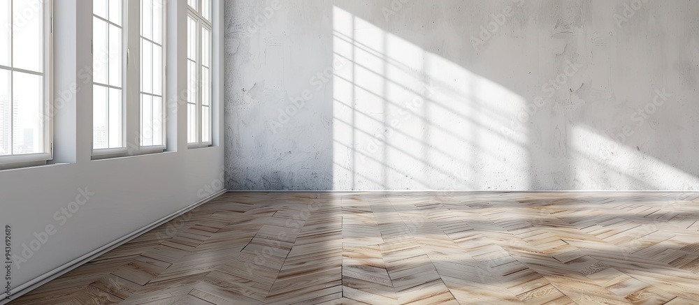 Aufkleber Minimalist interior design of an empty room featuring fishbone flooring. with copy space image. Place for adding text or design