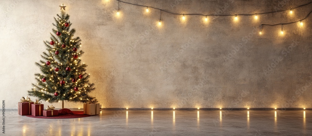 Poster Indoor Christmas Light Display with Tree and Ornaments. with copy space image. Place for adding text or design