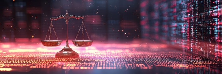 The digital scales of justice against the backdrop of data and code symbolize the rule of law in the virtual world