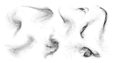 Charcoal or spray splashes, isolated set of grain texture, abstract spraying of fine particles, gradient from dots. Vector dotwork abstract shapes. Stipple sand effect, graininess of minerals © Sensvector