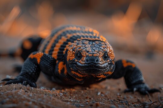 Close-up of gila monster lizard on sandy ground showcasing wildlife and desert fauna concept