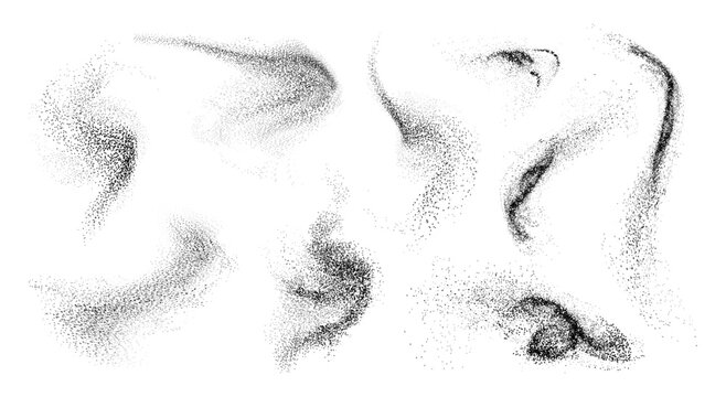 Charcoal or spray splashes, isolated set of grain texture, abstract spraying of fine particles, gradient from dots. Vector dotwork abstract shapes. Stipple sand effect, graininess of minerals