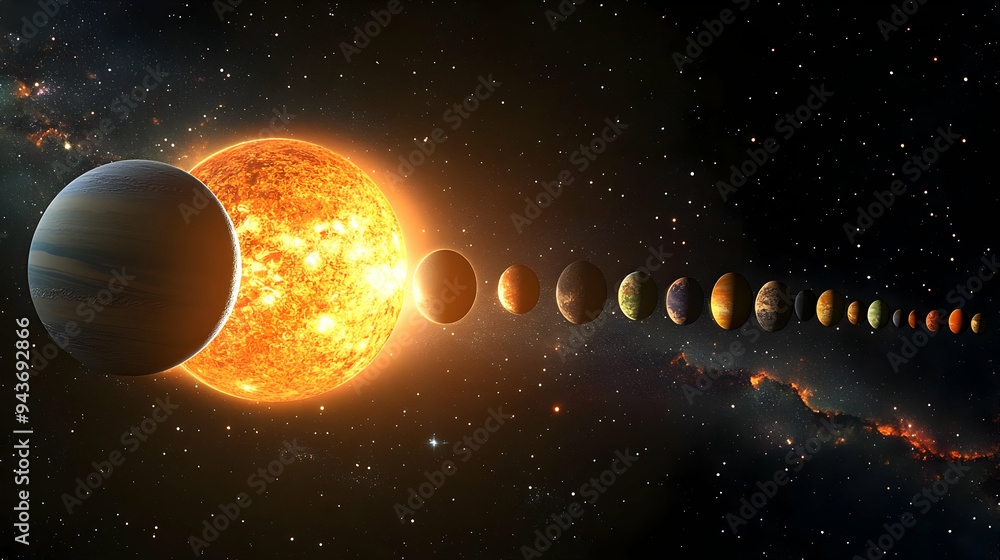 Poster a large, fiery sun with a planet in front of it, and a line of planets in the distance.