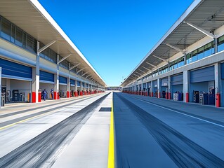 Obraz premium Pit lane road on a racetrack, lined with garages and racing team personnel ready for action, Racetrack Road, Pit stop strategy