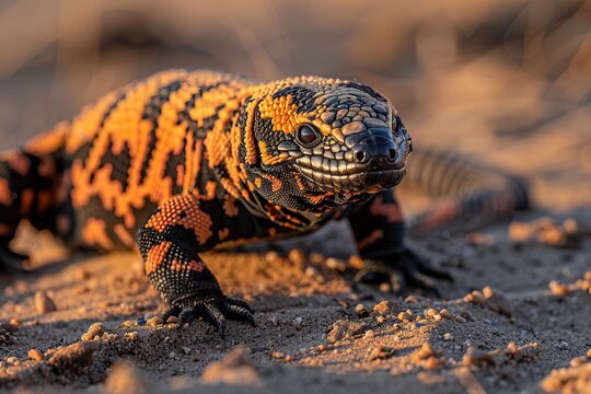 Close-up of gila monster lizard on sandy ground showcasing wildlife and desert fauna concept from different angle