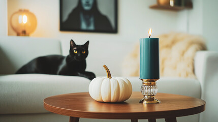 Decorated room for Halloween, October 31. Black cat lies on a couch. White pumpkin and blue candle on a round table. Fall season festive home decor.