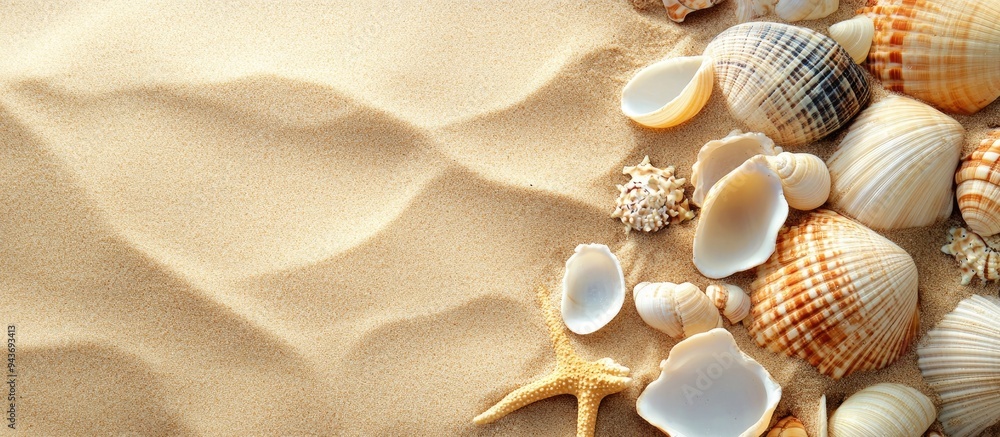 Poster sea shells on the sand summer backdrop beach texture copy space top view