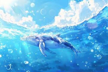 Fototapeta premium A serene underwater scene featuring a majestic whale swimming gracefully among bubbles in a vibrant blue ocean.