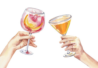 Set of watercolor hands holding summer aperitif cocktails glass simple sketch illustration on white background. DIY elements for bar menu, social media, collages and posters