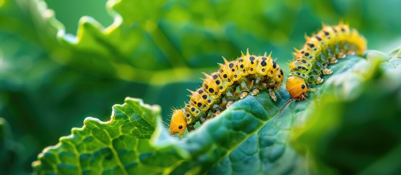 A group of dark armyworm larvae emerged on the underside of a Japanese mustard leaf that was harmed by the Japanese beetle. with copy space image. Place for adding text or design