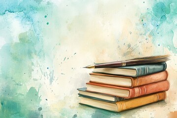 A stack of colorful books on a textured watercolor background, perfect for education, reading, or literature concepts.