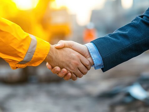Close-up of a Firm Handshake Between a Construction Worker and a Businessman, Demonstrating Trust and Partnership, in Front of a Construction Site.