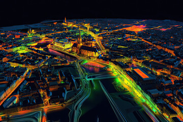 Technical aerial visual, 3D LiDAR GIS aerial map satellite scan model isolated, showing Mannheim, Germany. Elevation, topography, render