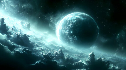 A large, luminous planet hangs over swirling clouds in a dark, starry sky.