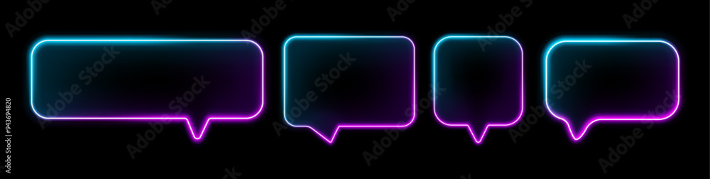 Aufkleber Speech bubble with neon effect, realistic box containers in shape of rectangle and square. Isolated fluorescent sparkling chat banners. Talking and interacting, dialog or speaking, message balloon