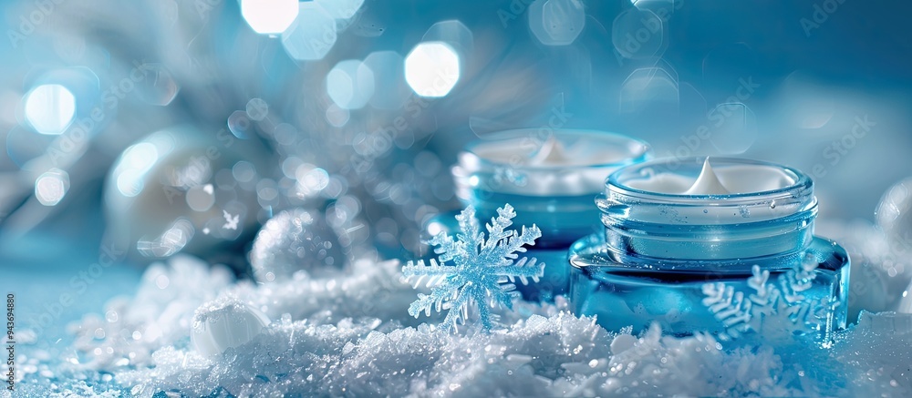 Poster a collection of winter skin care products featuring hand cream and a decorative snowflake on snow se
