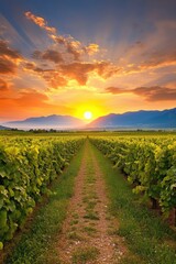 Naklejka premium Breathtaking sunset over lush vineyards with mountains in the distance during golden hour