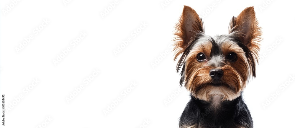 Poster Yorkshire Terrier with a wavy hairstyle set against a white background. with copy space image. Place for adding text or design