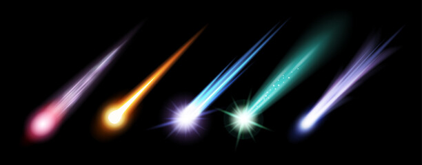 Space meteor, asteroid with fire trails realistic. 3d meteorite space object falling down, lying fireball or meteor with fire neon light trail. Vector comet with tail of flame, burning rock