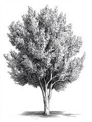 Black and white Vintage engraved art of a poplar tree, isolated on white background, ink sketch illustration, simple vector art design, highly detailed line art, high contrasty 