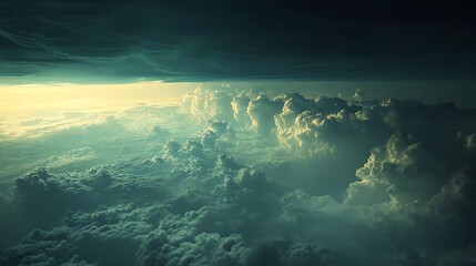 Vast expanse of the troposphere filled with dark nimbus clouds, hinting at an impending storm on the horizon, Nimbus Vast Troposphere, Storm anticipation