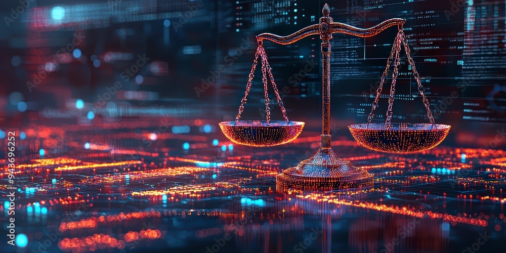 Aufkleber the digital scales of justice against the backdrop of data and code symbolize the rule of law in the
