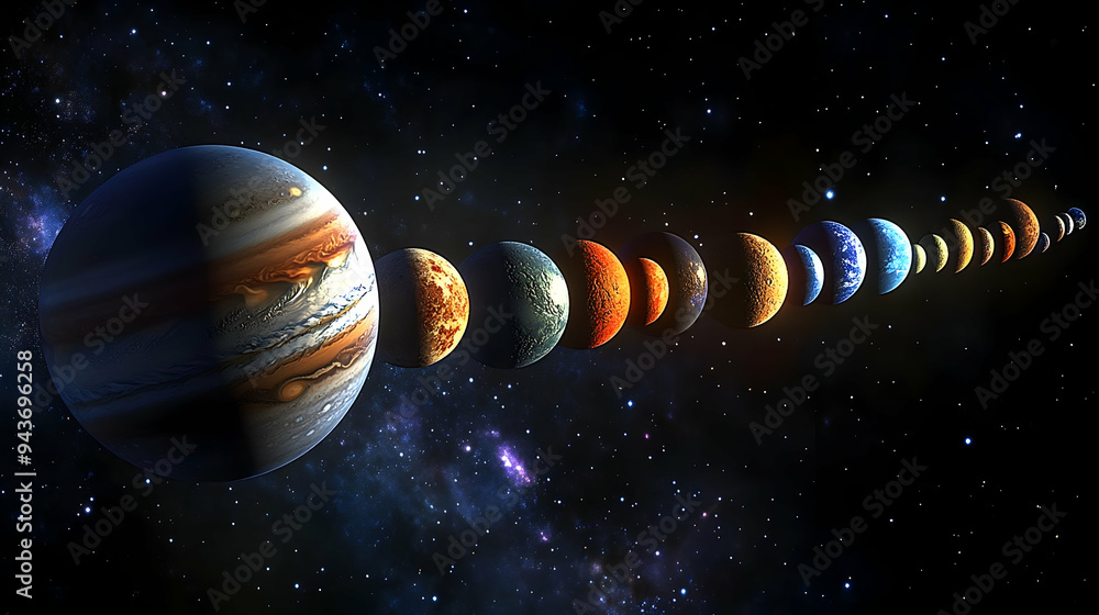 Poster a line of planets in a starry sky with one large planet in the foreground.