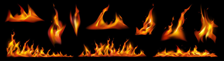 Fototapeta premium Flaming hot fire, burning or heating firing lines in realistic design. Bonfire or campfire backgrounds, orange fiery objects, glowing flare flaming explosions on black background