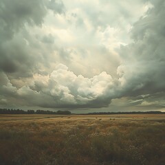 Fototapeta premium Vast fields under a sky filled with towering nimbus clouds, the troposphere heavy with the promise of rain, Nimbus Vast Troposphere, Foreboding weather