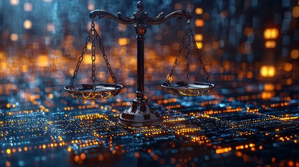 The digital scales of justice against the backdrop of data and code symbolize the rule of law in the virtual world
