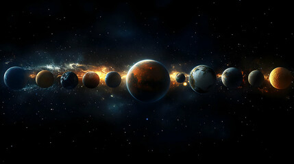 A line of planets in space with a glowing gas cloud.