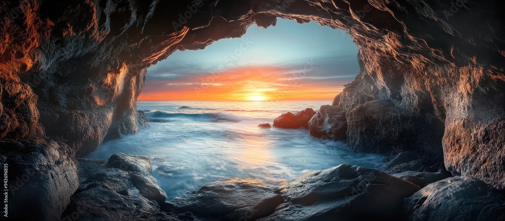 Aufkleber coastal cave arch views showcase a stunning full color sunrise over the ocean a long exposure produc