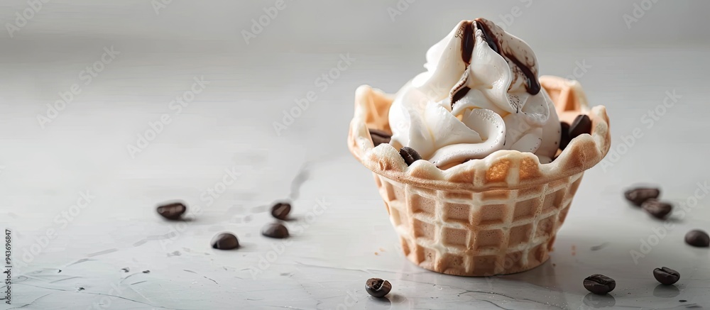 Poster vanilla and coffee ice cream served in a waffle cup. with copy space image. place for adding text or