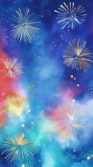 Naklejka premium Vibrant watercolor background featuring abstract fireworks in blue, pink, and gold tones, perfect for celebrations and festive themes.