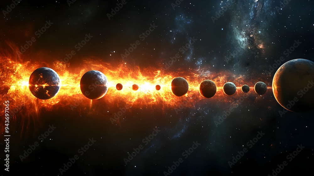 Poster a line of planets in space, with a large fiery explosion between the first two.
