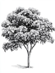 Black and white Vintage engraved art of a royal poinciana tree, isolated on white background, ink sketch illustration, simple vector art design, highly detailed line art, high contrasty