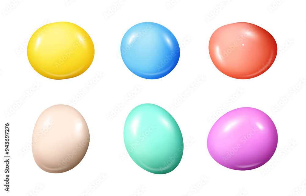 Poster liquid bubbles, multicolored paint splashes or samples of color. vector isolated set of 3d icons, dr
