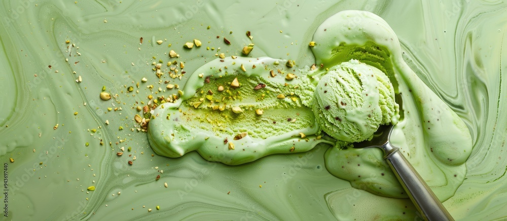 Poster A scoop of pistachio ice cream on a small marble slab. with copy space image. Place for adding text or design