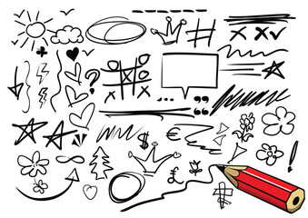 Hand drawn pencil doodle. Sketch underline, emphasis, arrow shape set, highlight, speech bubble and other design element. Vector on transparent background for school picture