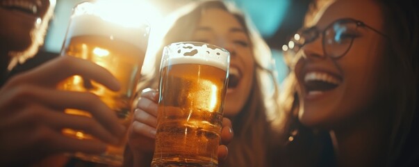 Cheerful group of friends enjoying beer together at a lively pub, laughing and celebrating a joyful evening with cold drinks