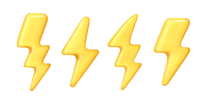 Electric discharge, yellow powerful thunderbolt, natural force. Vector isolated set of 3d bolts icons for game design or UI. Forceful voltage, electricity sign, storm or bad weather symbol