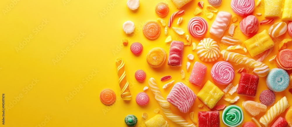Fototapete colored sweets on a yellow background. with copy space image. place for adding text or design