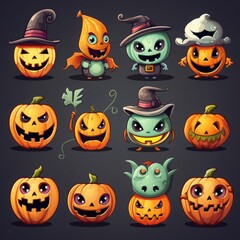 Colorful and cute Halloween characters with a variety of playful pumpkins and festive hats celebrating the spooky season