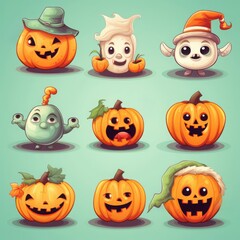 Colorful and cute Halloween characters featuring pumpkins, a ghost, and a friendly creature in a whimsical setting