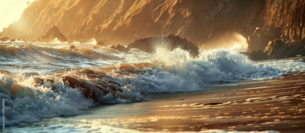 Aufkleber Landscape of turbulent sea waves crashing against cliffs and sandy shore in the glow of the evening sun. with copy space image. Place for adding text or design