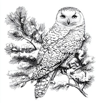 Black and white Vintage engraved art of a snowy owl camouflaged among snow-covered branches and pine needles, isolated on white background, ink sketch illustration, simple vector art design