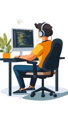 A young male programmer is sitting at his desk. He has headphones on, and the computer screen shows code
